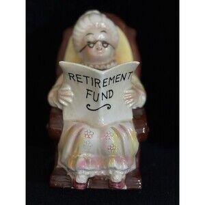 Vintage Lefton Japan  Porcelain Coin Bank "Retirement Fund" Rockin Granny
